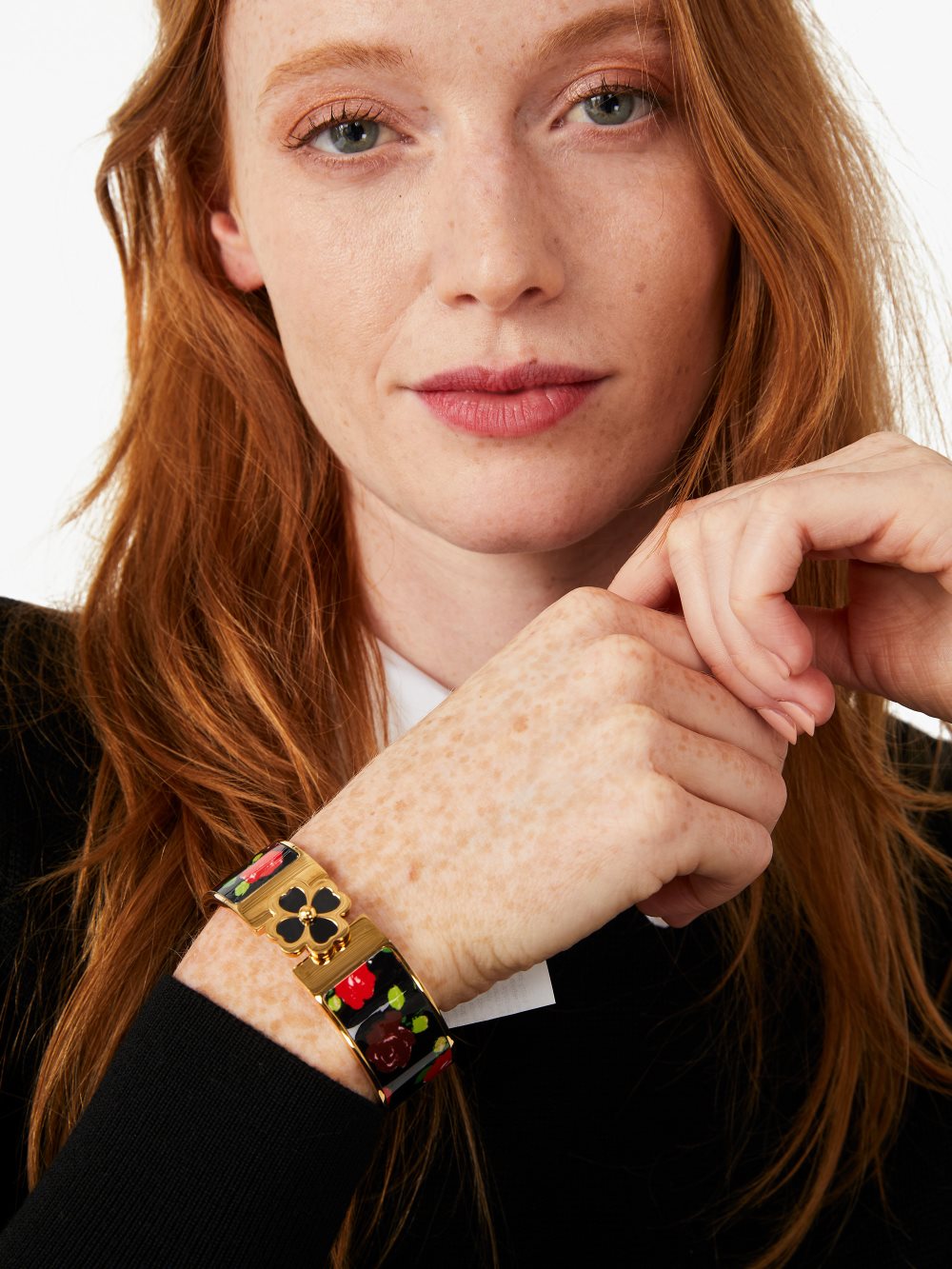Women's black just rosy heritage spade flower wide hinged bangle | Kate Spade